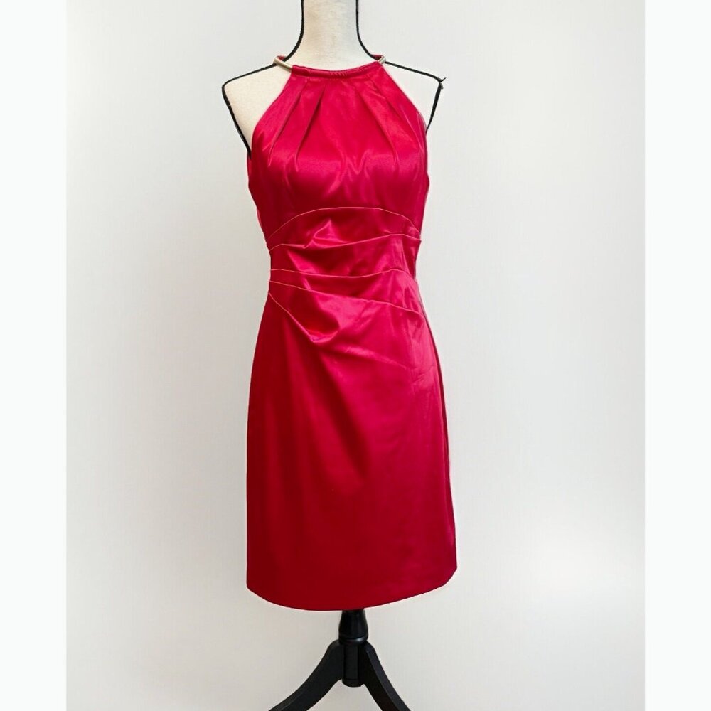 Eliza J Satin Red Halter Dress Womens 10 Sheath Gold Chain Neck Evening Holiday